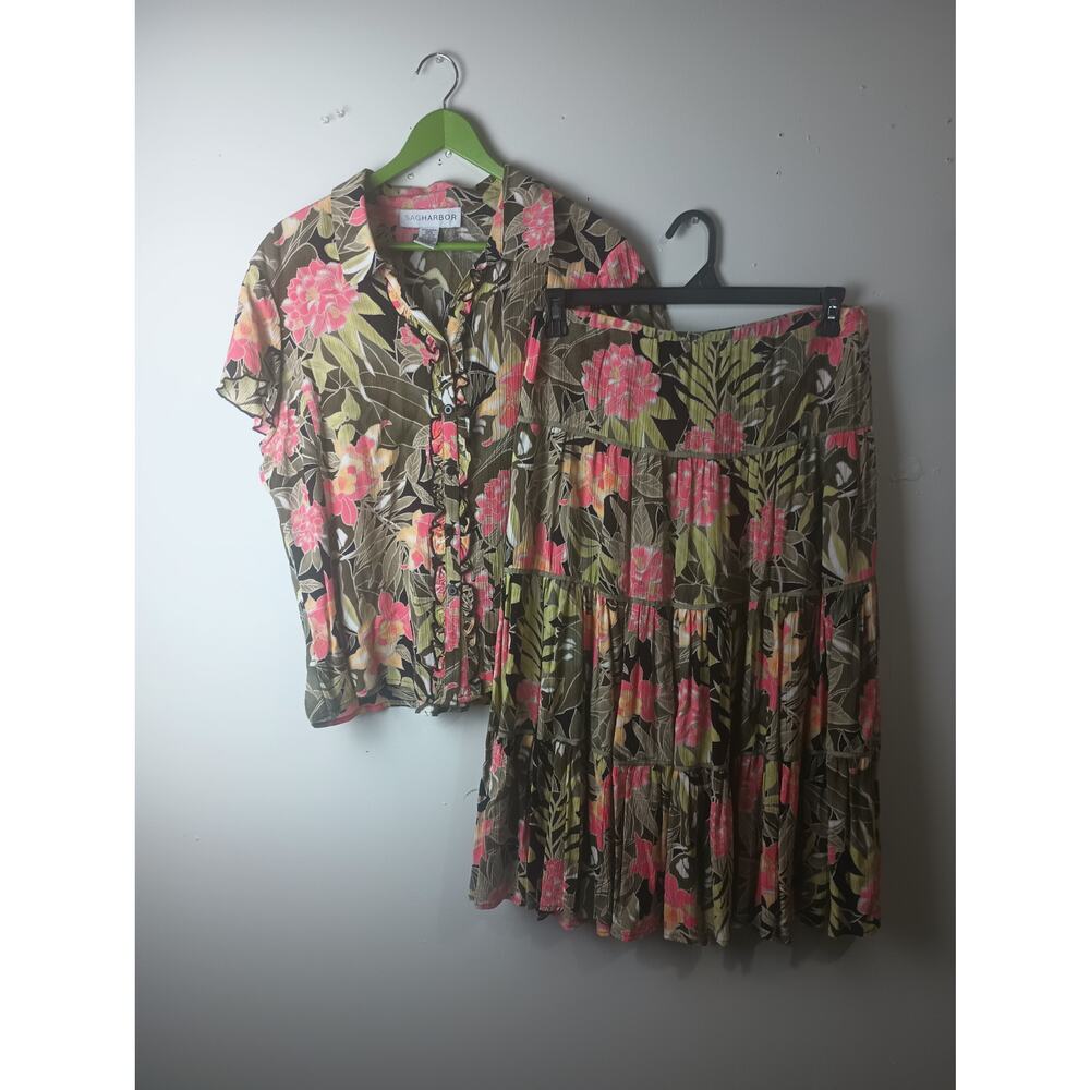 Vtg Sag Harbor Women's 2PC Floral Blouse & Skirt Set Tropical Vacay Spring